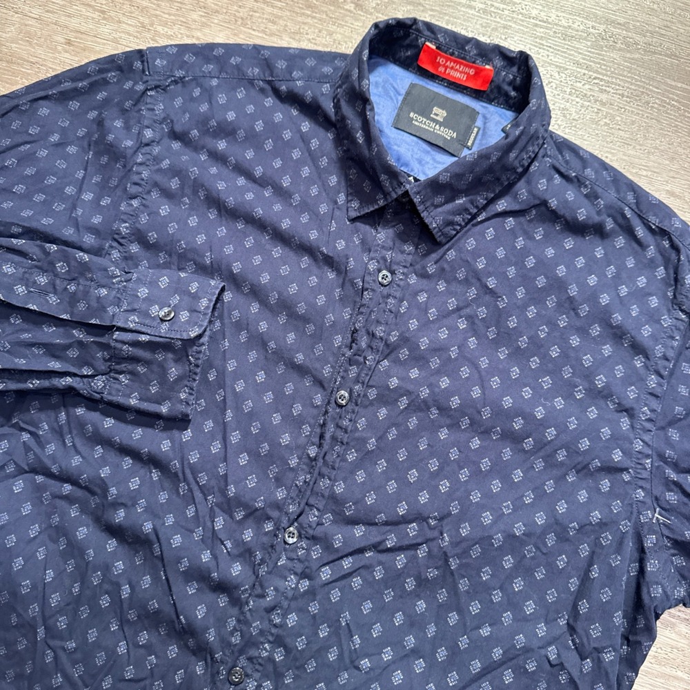 Scotch‎ & Soda Shirt Mens M Blue Cotton Geometric Print Regular Quiet Luxury